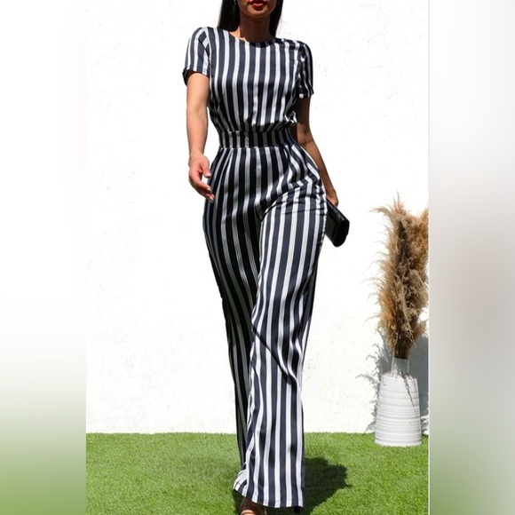 Olive/White Elastic Waist Band Pin Striped Jumpsuit - Picture 2 of 8